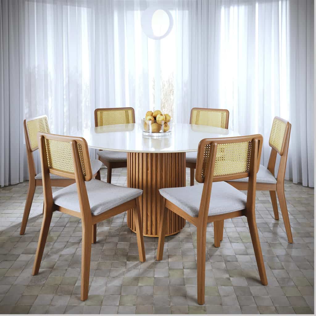 Mesa de Jantar Redonda Com 6 Cadeiras Classic Tela Rattan – Mesa